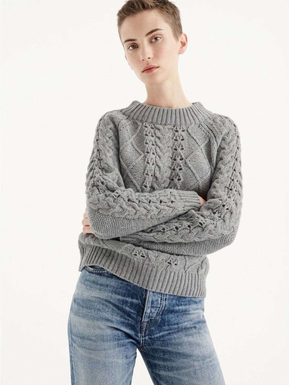 J.Crew Mockneck Cable Knit Sweater, Gray Merino Wool Blend, Size XS